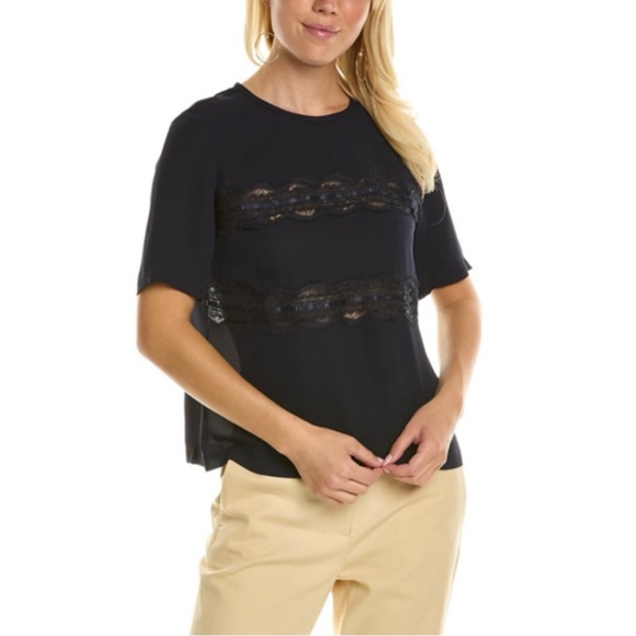 NWT REBECCA TAYLOR Lace Stripe Silk Top In Dark Navy Size XS - Picture 3 of 16